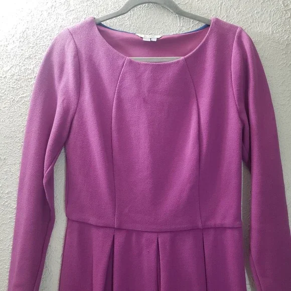 Boden Sz 10 R Purple Midi Dress Long Sleeve Scoop Neck Thick Fabric Box Pleated - Picture 2 of 10